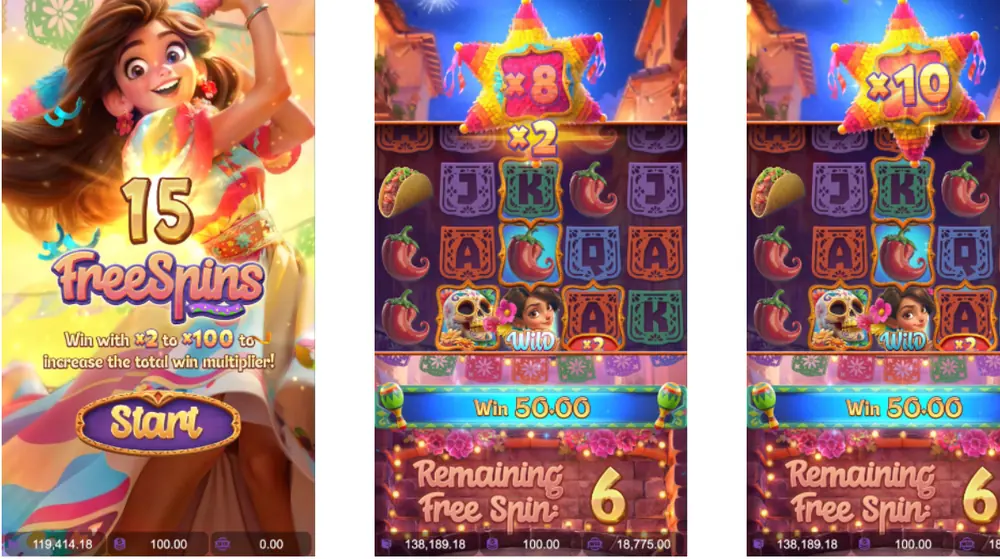Pinata Wins free spins feature: 15 free spins start screen and collected multipliers