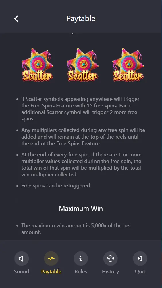 Pinata Wins rules on free spin multipliers and the 5000x max win cap