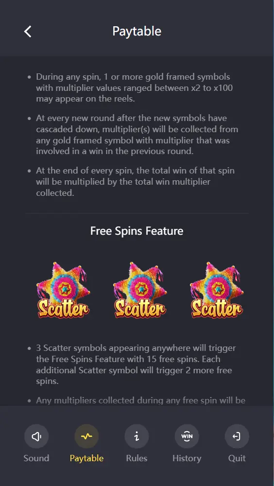 Pinata Wins free spins rules with retrigger of 2 extra spins