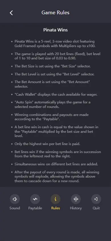 Pinata Wins game rules on a phone screen in portrait layout Pinata Wins game rules on a phone screen in portrait layout