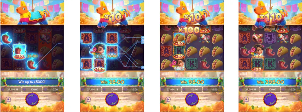 Pinata Wins multipliers up to x100 shown on four game screens from the PG Soft game sheet