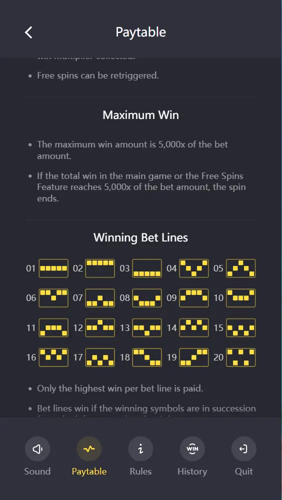 Pinata Wins rules screen with 20 paylines and cascading wins Pinata Wins rules screen with 20 paylines and cascading wins