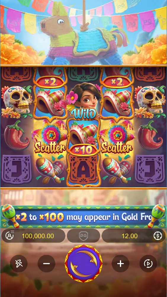 Pinata Wins slot reels with Wild, Scatter and gold frame multipliers
