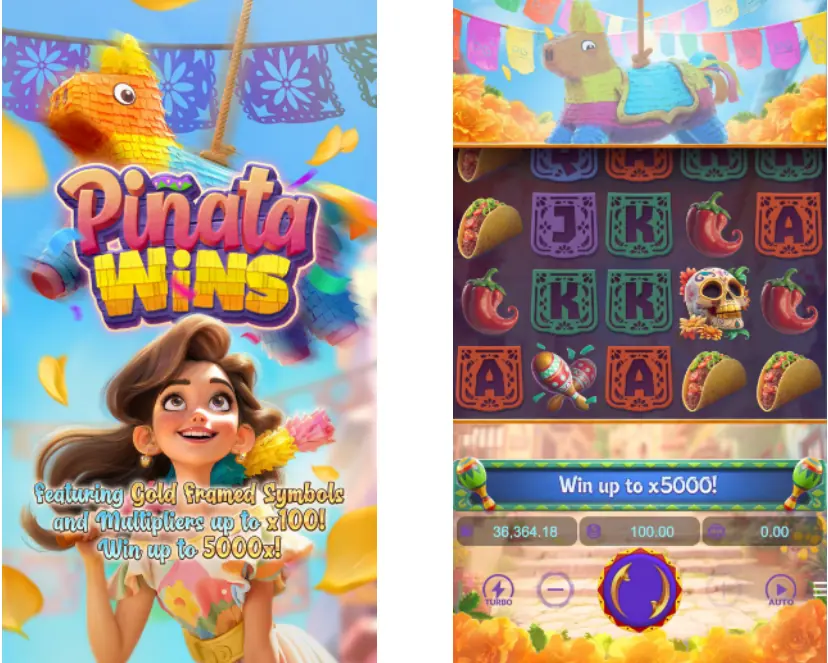 Pinata Wins splash screen and base game from the official game sheet